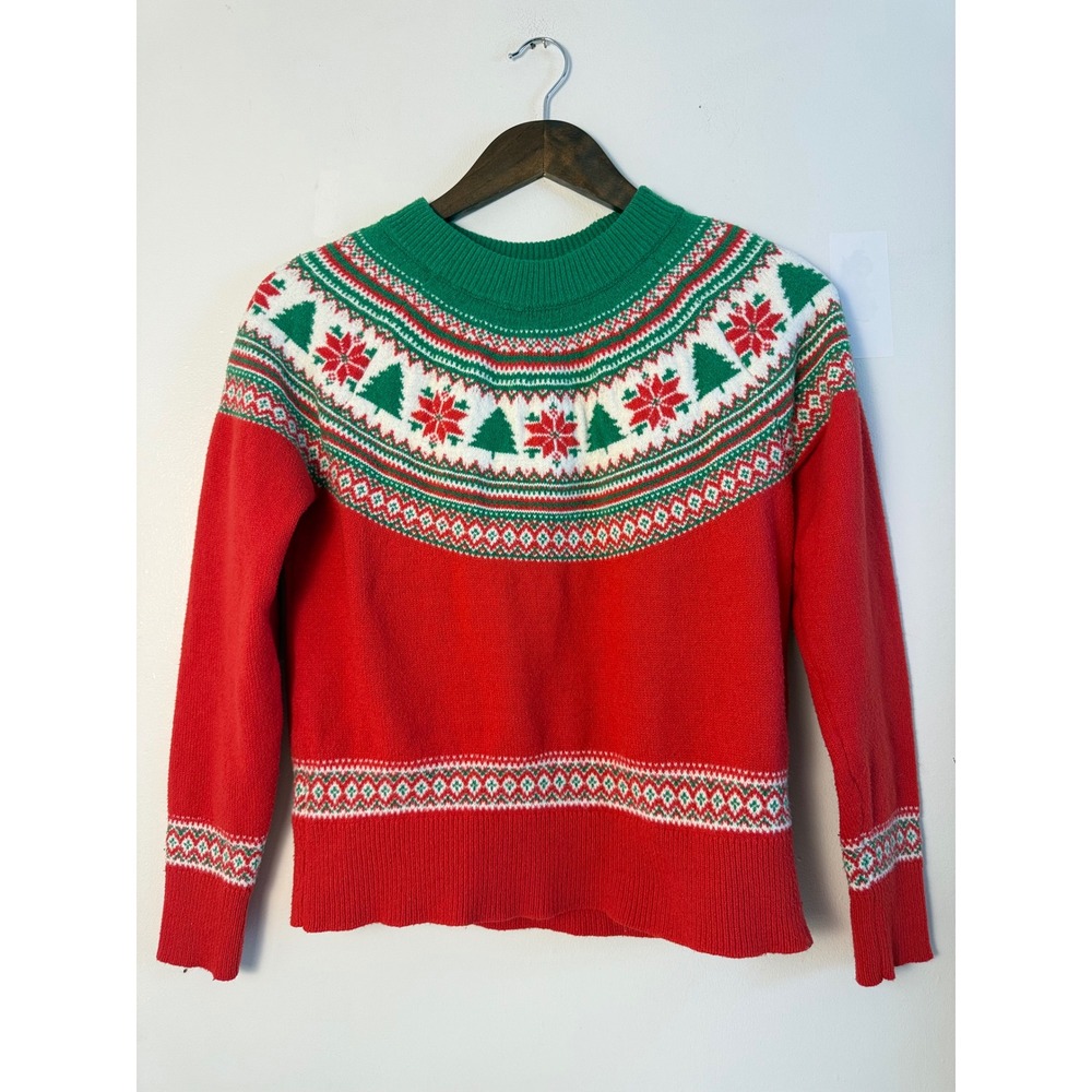 Cynthia Rowley Womens Red Fair Isle Christmas Tree Sweater Small Holiday Knit